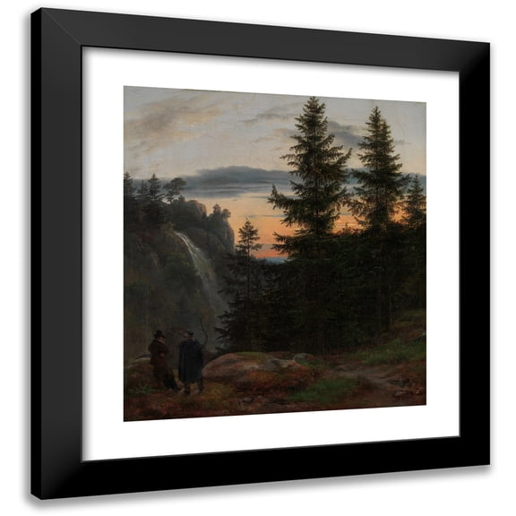 Johan Christian Dahl 12x13 Black Modern Framed Museum Art Print Titled - Two Men Before a Waterfall at Sunset (1823)
