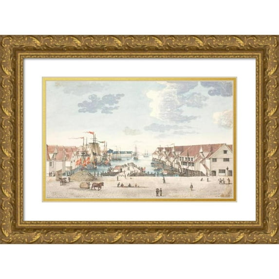 Johan Christian Dahl 14x10 Gold Ornate Wood Frame and Double Matted Museum Art Print Titled - Brygge in Bergen (1712 - 1812)