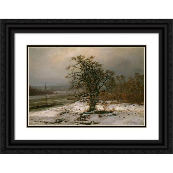 Johan Christian Dahl 18x13 Black Ornate Wood Framed Double Matted Museum Art Print Titled - Oak Tree by the Elbe in Winter (1853)