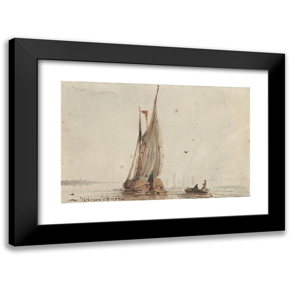 Johan Conrad Greive 14x11 Black Modern Framed Museum Art Print Titled - Sloop at a Sailing Ship on the Water (1855)
