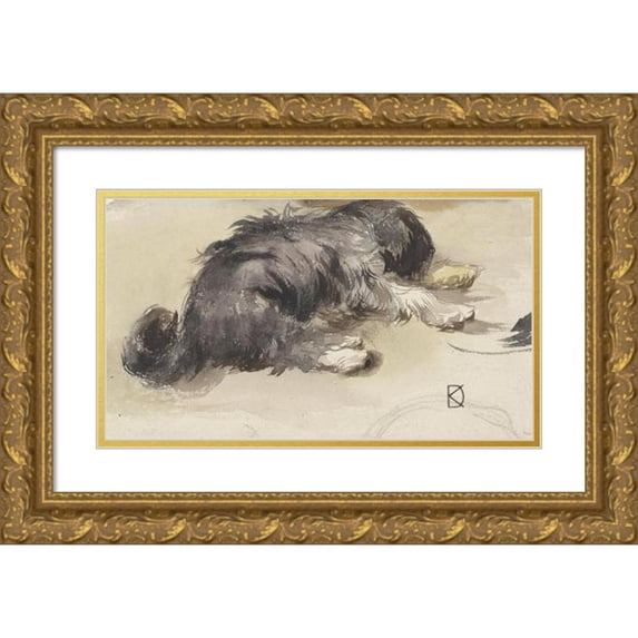 Johan Daniël Koelman 18x11 Gold Ornate Wood Frame and Double Matted Museum Art Print Titled - Sleeping Dog, Seen from Behind (1841 - 1857)