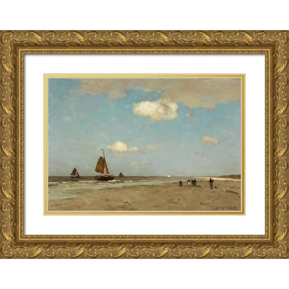 Johan Hendrik Weissenbruch 14x11 Gold Ornate Wood Frame and Double Matted Museum Art Print Titled - Beach Scene