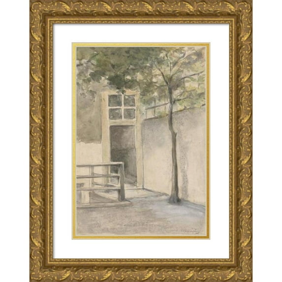 Johan Hendrik Weissenbruch 18x24 Gold Ornate Framed and Double Matted Museum Art Print Titled - View of a Courtyard from the Artist's Studio in the Kazernestraat in the Hague (1834 - 1903)