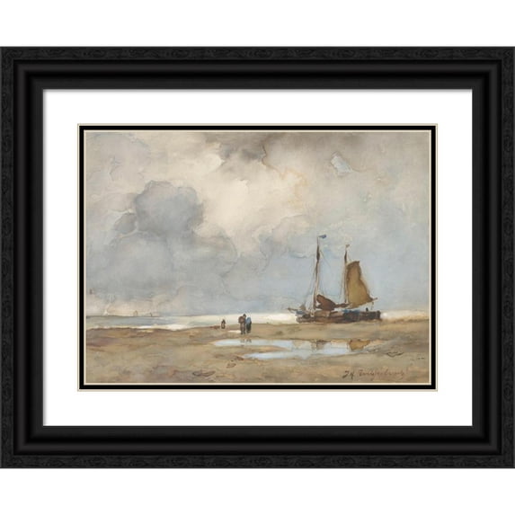 Johan Hendrik Weissenbruch 24x19 Black Ornate Framed Double Matted Museum Art Print Titled: View on the Beach (C. 1895)