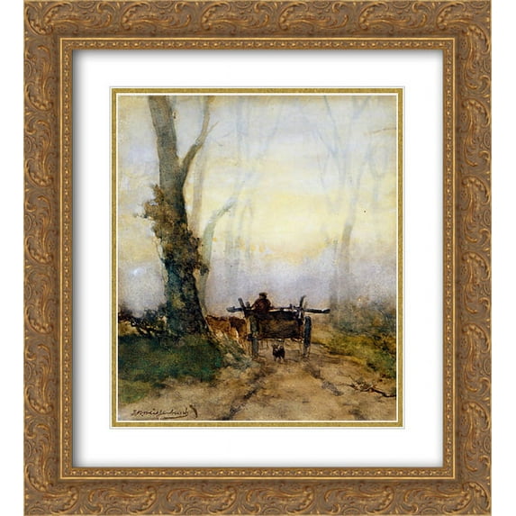 Johan Hendrik Weissenbruch 2x Matted 20x24 Gold Ornate Framed Art Print 'Man on a cart in wood'