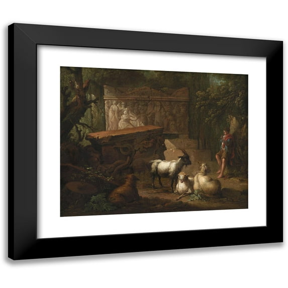 Johan Mandelberg 14x12 Black Modern Framed Museum Art Print Titled - Antique Ruins Surrounded by Trees, in the Foreground a Shepherd and Some Goats (1745 - 1786)