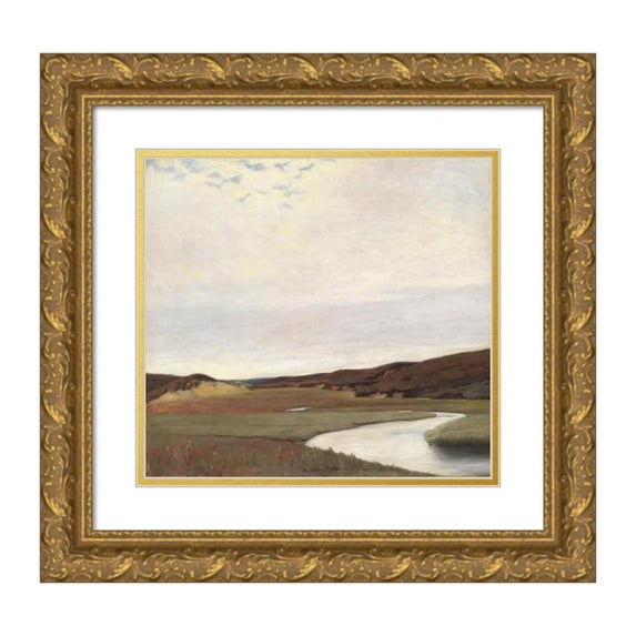 Johan Rohde 13x12 Gold Ornate Wood Frame and Double Matted Museum Art Print Titled - A Summer's Day by the River Karup, Jutland (1891)
