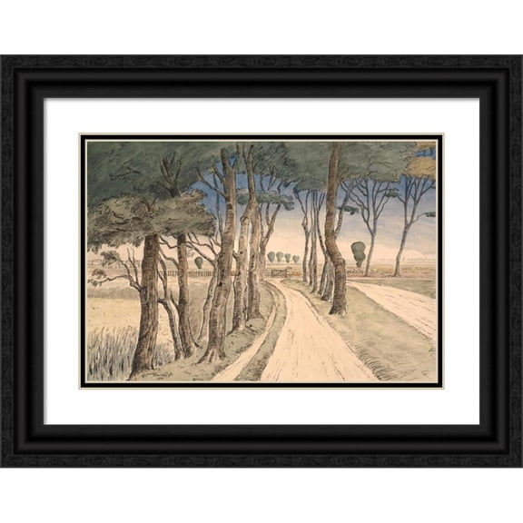 Johan Rohde 14x11 Black Ornate Wood Framed Double Matted Museum Art Print Titled: Field Landscape. in the Foreground a Road with Trees (1893)