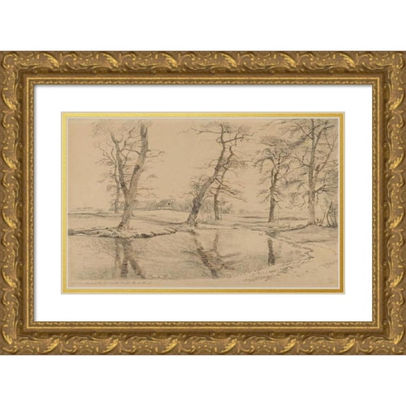 Johan Thomas Lundbye 18x13 Gold Ornate Wood Frame and Double Matted Museum Art Print Titled - A Brook Near a Farm in Usserod with Cows and Two Figures (1847)