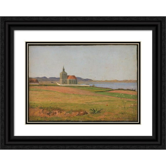 Johan Thomas Lundbye 24x18 Black Ornate Framed Double Matted Museum Art Print Titled: Vinderod Church Near Frederiksvark (1837)