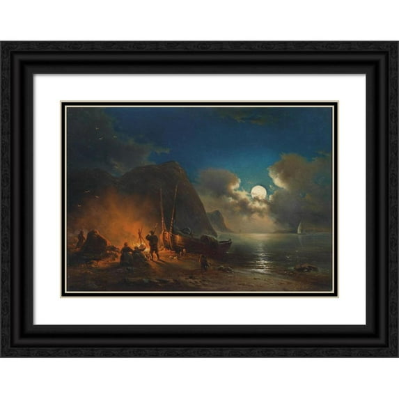 Johann Anton Castell 24x18 Black Ornate Framed Double Matted Museum Art Print Titled: Romantic Campfire in the Moonlight (R 1850)