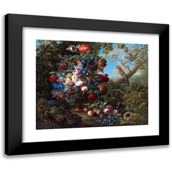 Johann Baptist Drechsler 14x12 Black Modern Framed Museum Art Print Titled - Great Flower Still Life with Birds (1799)