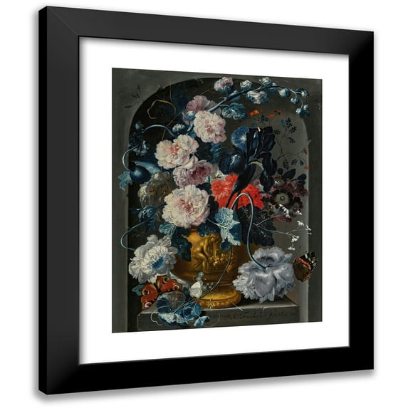 Johann Baptist Drechsler 15x18 Black Modern Framed Museum Art Print Titled - Still Life with Carnations, Roses, Hollyhocks And Other Flowers in a Sculpted Bronze Urn with Butterflies In an A