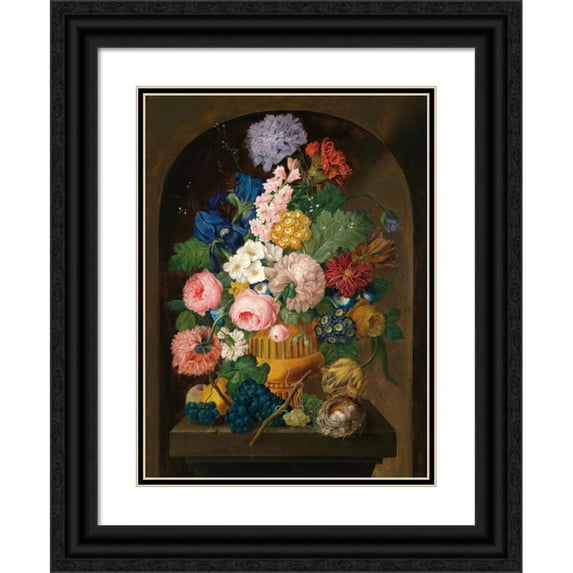 Johann Baptist Drechsler 19x24 Black Ornate Framed Double Matted Museum Art Print Titled: Still Life of Flowers with a Bird's Nest