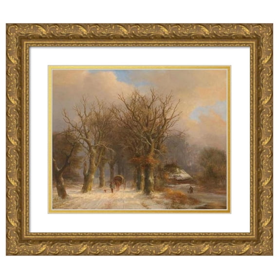 Johann Bernhard Klombeck 24x20 Gold Ornate Framed and Double Matted Museum Art Print Titled - Winter Landscape with Horse and Cart