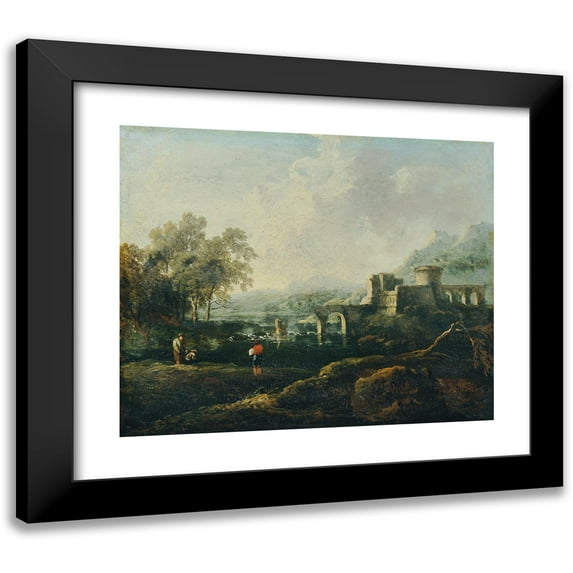 Johann Christian Brand 23x20 Black Modern Framed Museum Art Print Titled - Ideal Landscape with River and Bridge Ruins (The Morning) (1770-1780)