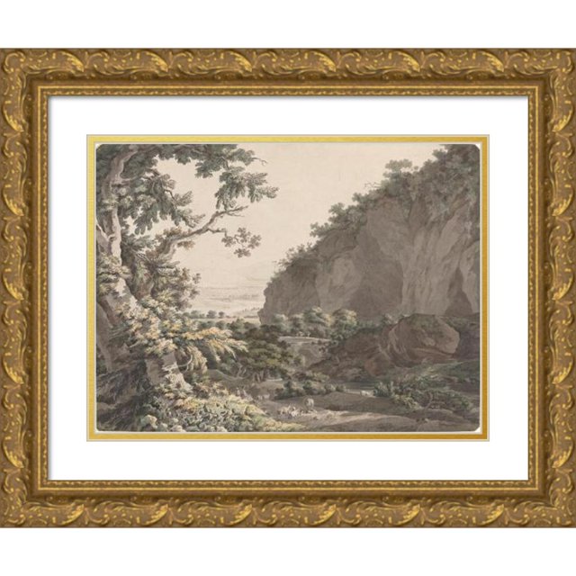 Johann Conrad Steiner 18x15 Gold Ornate Wood Frame and Double Matted Museum Art Print Titled - A Wooded Valley with Rocky Cliffs (1785)