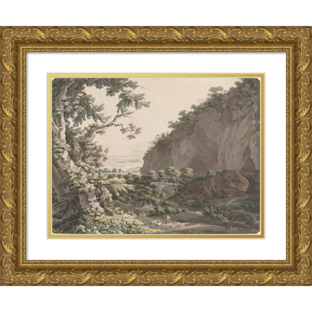 Johann Conrad Steiner 18x15 Gold Ornate Wood Frame and Double Matted Museum Art Print Titled - A Wooded Valley with Rocky Cliffs (1785)