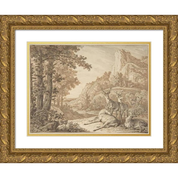 Johann Elias Ridinger 24x19 Gold Ornate Framed and Double Matted Museum Art Print Titled - Stags in a Landscape (Early to Mid-18th Century)