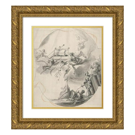 Johann Georg Dieffenbrunner 15x17 Gold Ornate Wood Frame and Double Matted Museum Art Print Titled - Ceiling Design with the Mystical Wine Press (ca. 1750)