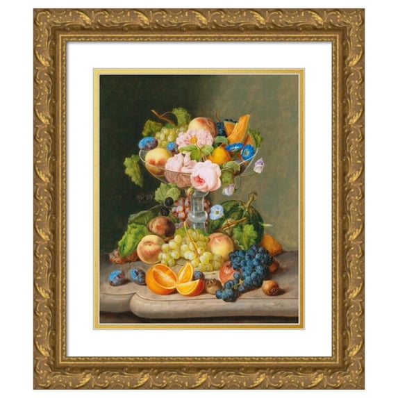 Johann Georg Seitz 15x18 Gold Ornate Wood Frame and Double Matted Museum Art Print Titled - Large Still Life with Flowers and Fruit