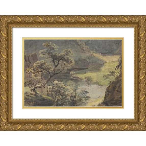 Johann Georg von Dillis 14x11 Gold Ornate Wood Frame and Double Matted Museum Art Print Titled - River Landscape (About 1820-1830)