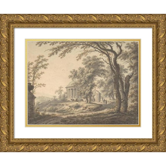 Johann Heinrich Müntz 24x19 Gold Ornate Framed and Double Matted Museum Art Print Titled - Idyllic Landscape with Temple (1770)