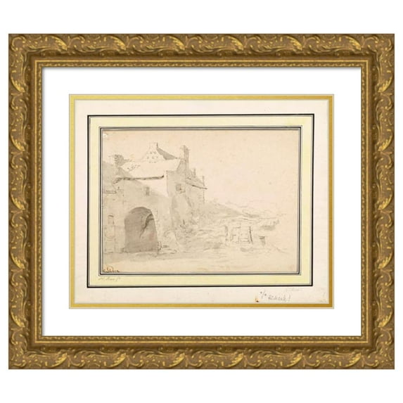 Johann Heinrich Roos 14x12 Gold Ornate Wood Frame and Double Matted Museum Art Print Titled - Architectural Study Zinnenturm