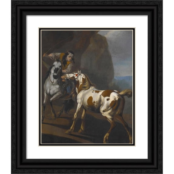 Johann Heinrich Roos 15x18 Black Ornate Wood Framed Double Matted Museum Art Print Titled - Indian Taming a Horse (1650)