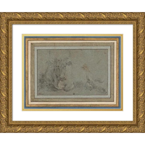 Johann Heinrich Roos 18x14 Gold Ornate Wood Frame and Double Matted Museum Art Print Titled - Study of a Cow (Mid 17th-Late 17th Century)