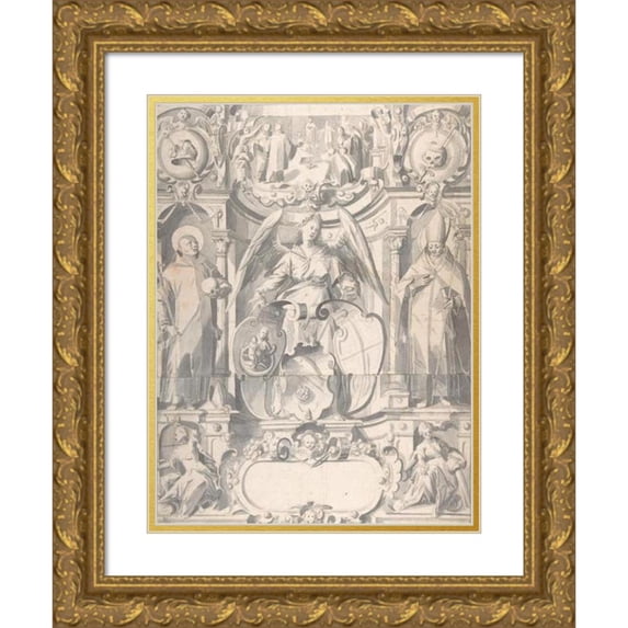 Johann Heiss 15x18 Gold Ornate Wood Frame and Double Matted Museum Art Print Titled - Design for a Stained Glass Window or Frontispiece with the Arms of a Cleric (Mid-17th-Early 18th Century