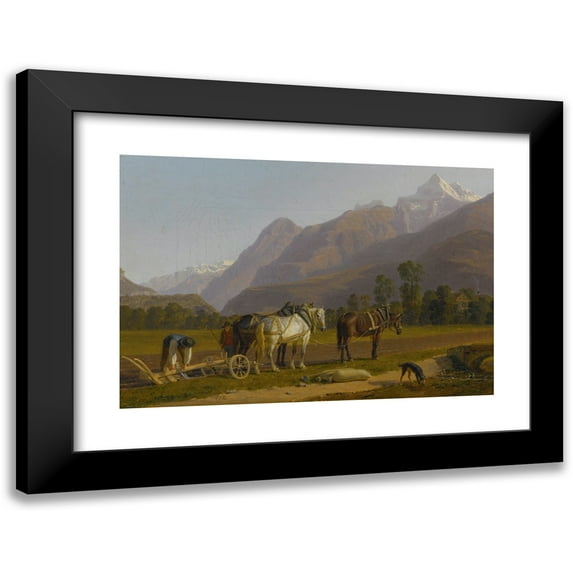 Johann Jakob Biedermann 14x11 Black Modern Framed Museum Art Print Titled - Landscape with Ploughmen and Horses in the Canton of Valais
