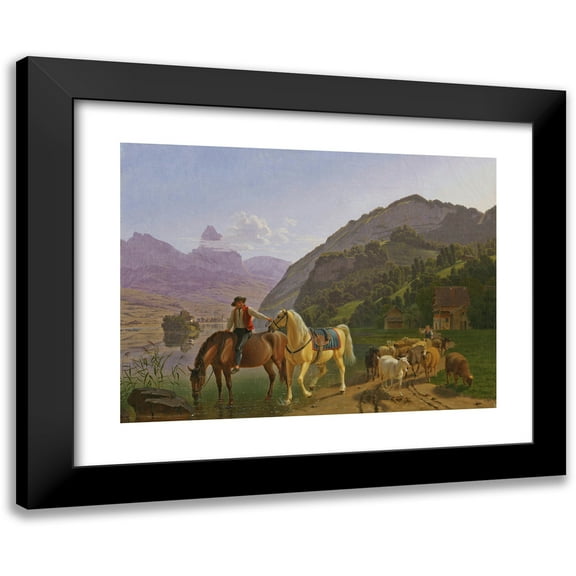 Johann Jakob Biedermann 14x11 Black Modern Framed Museum Art Print Titled - Rider with Two Horses and Herd (1809)