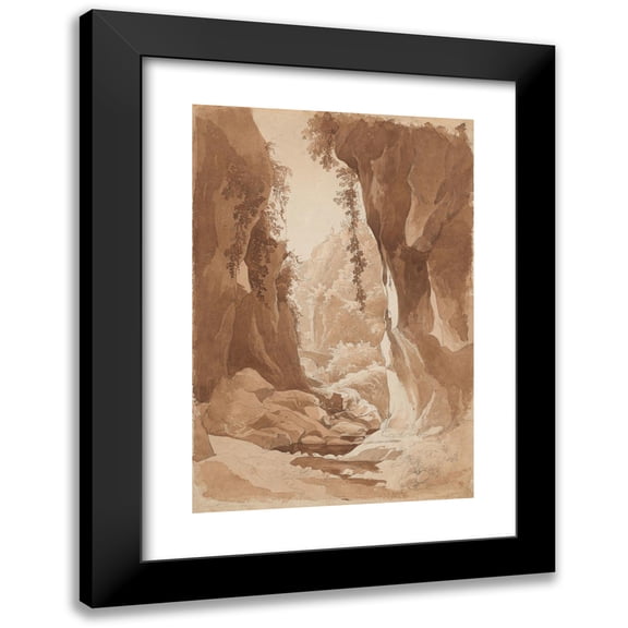 Johann Joachim Faber 13x18 Black Modern Framed Museum Art Print Titled - Cliffs Overhanging a River Gorge Near Sorrento (Recto) (1823)