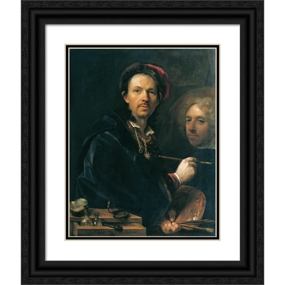Johann Kupetzky 12x14 Black Ornate Wood Framed Double Matted Museum Art Print Titled: Self -Portrait on the Easel (1709)
