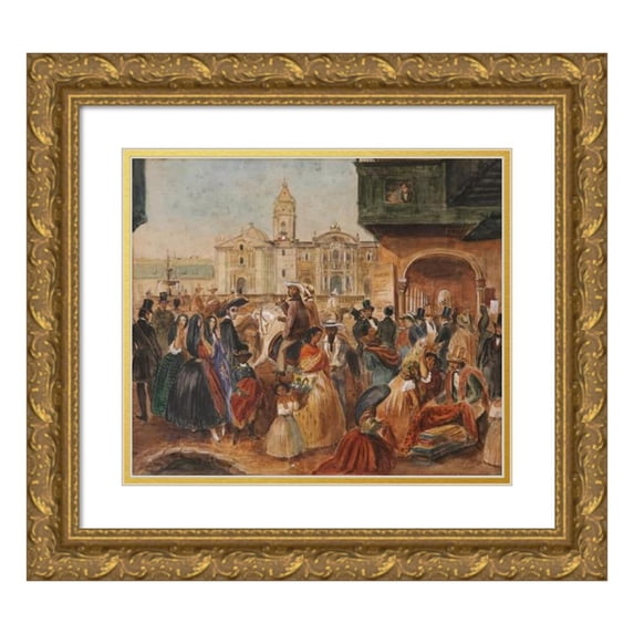 Johann Moritz Rugendas 17x15 Gold Ornate Wood Frame and Double Matted Museum Art Print Titled - Study for Lima's Main Square (circa 1843)