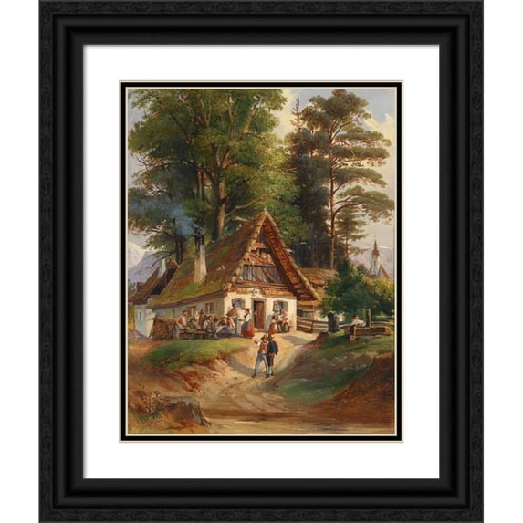 Johann Nepomuk Passini 12x14 Black Ornate Wood Framed Double Matted Museum Art Print Titled: Dorfschenke (1865)