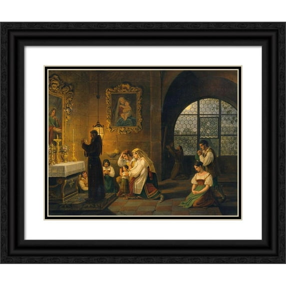 Johann Nepomuk Schödlberger 14x12 Black Ornate Wood Framed Double Matted Museum Art Print Titled: The Interior of an Italian Church (1830)