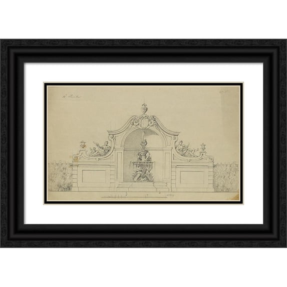 Johann Peter Krafft 18x12 Black Ornate Wood Framed Double Matted Museum Art Print Titled - Fountain in the Peach Garden of the Upper Belveder (1850)