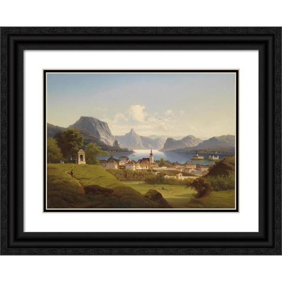 Johann Wilhelm Jankowski 18x14 Black Ornate Wood Framed Double Matted Museum Art Print Titled - View of Gmunden with Orth Castle