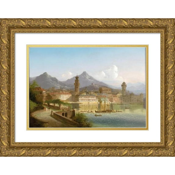 Johann Wilhelm Jankowsky 14x11 Gold Ornate Wood Frame and Double Matted Museum Art Print Titled - Riva on Lake Garda