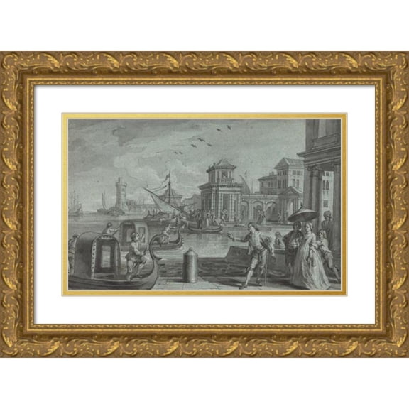 Johann Wolfgang Baumgartner 24x16 Gold Ornate Framed and Double Matted Museum Art Print Titled - Venetian Fantasy with the Dogana (1750s)
