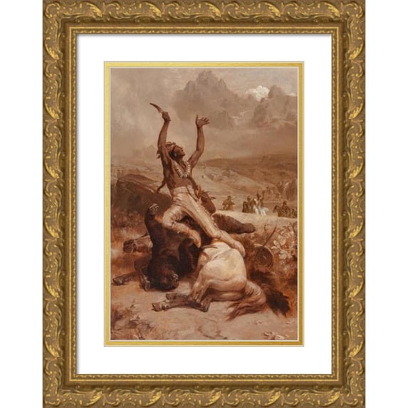 Johannes Adam Simon Oertel 14x18 Gold Ornate Wood Frame and Double Matted Museum Art Print Titled - Indian Brave Rejoicing Over Slain Bear (1883)