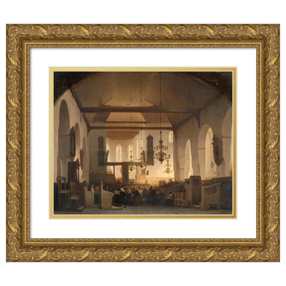 Johannes Bosboom 18x15 Gold Ornate Wood Frame and Double Matted Museum Art Print Titled - A Service in the Geertekerk, Utrecht (1852)
