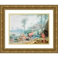 thumbnail image 1 of Johannes Bronckhorst 18x14 Gold Ornate Wood Frame and Double Matted Museum Art Print Titled - A Group of Exotic Birds in a Landscape Beneath Palm Trees, a Building and Mountains Beyond, 1 of 4