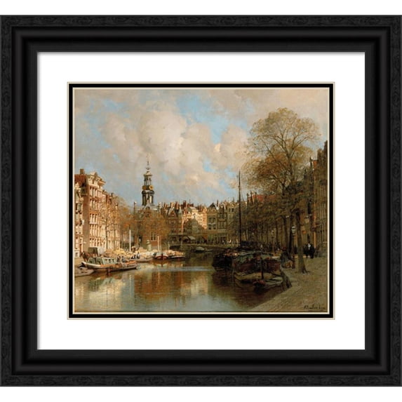 Johannes Christiaan Karel Klinkenberg 13x12 Black Ornate Wood Framed Double Matted Museum Art Print Titled: View of the Singel and the Bloemmarkt Near the Munt, Amsterdam