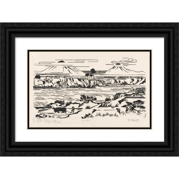 Johannes Frederik Engelbert ten Klooster 24x17 Black Ornate Framed Double Matted Museum Art Print Titled: Landscape, Middle Java; Merbaboe, Merapi, Ello River