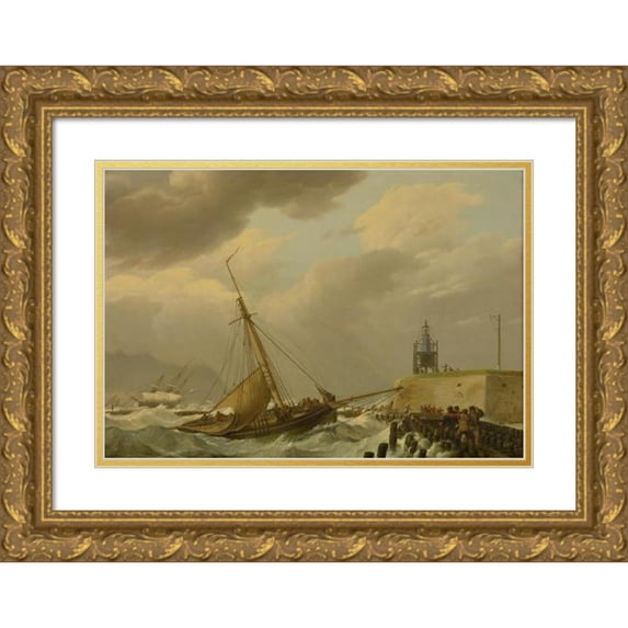 Johannes Hermanus Koekkoek 24x18 Gold Ornate Framed and Double Matted Museum Art Print Titled - Ship in Stormy Seas (1821)