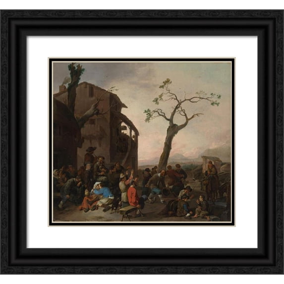 Johannes Lingelbach 13x12 Black Ornate Wood Framed Double Matted Museum Art Print Titled: Peasants Dancing (1651)
