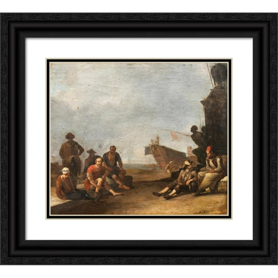 Johannes Lingelbach 17x15 Black Ornate Wood Framed Double Matted Museum Art Print Titled - View on a Sourthern Harbor with Merchants and Prisoners, a Ship and the Statue of Ferdinand I
